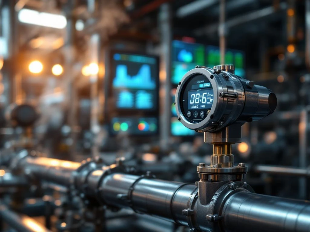 Digitale roestvrijstalen flowmeter in industriële omgeving met controlepanelen en pijpleidingen op achtergrond