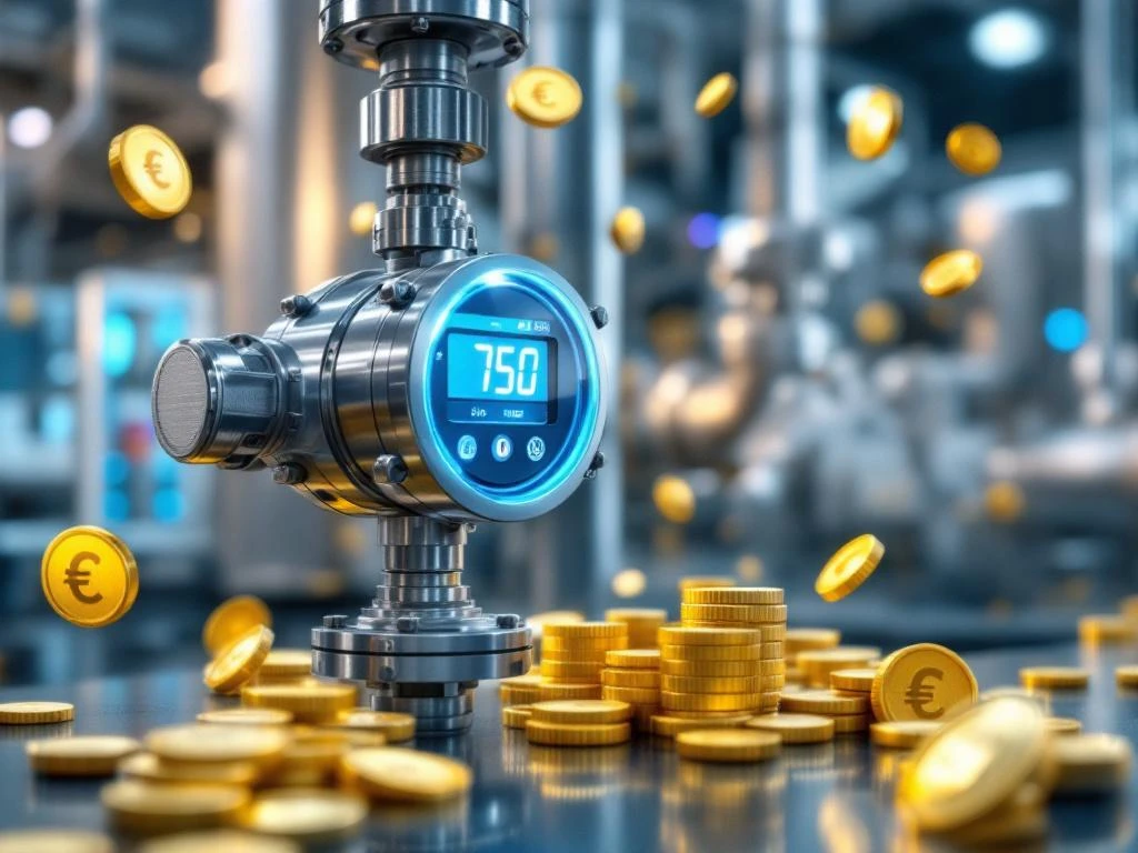 Digitale flowmeter van roestvrij staal met blauwe vloeistof in leidingen, gouden munten symboliseren kostenbesparingen