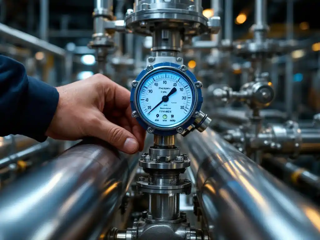 Technicus installeert precisie flowmeter in glanzende roestvrijstalen pijpleiding in industriële faciliteit