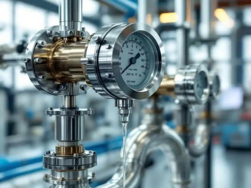Precisie flowmeter met roestvrijstalen behuizing gemonteerd op industriële leidingen in moderne laboratoriumomgeving