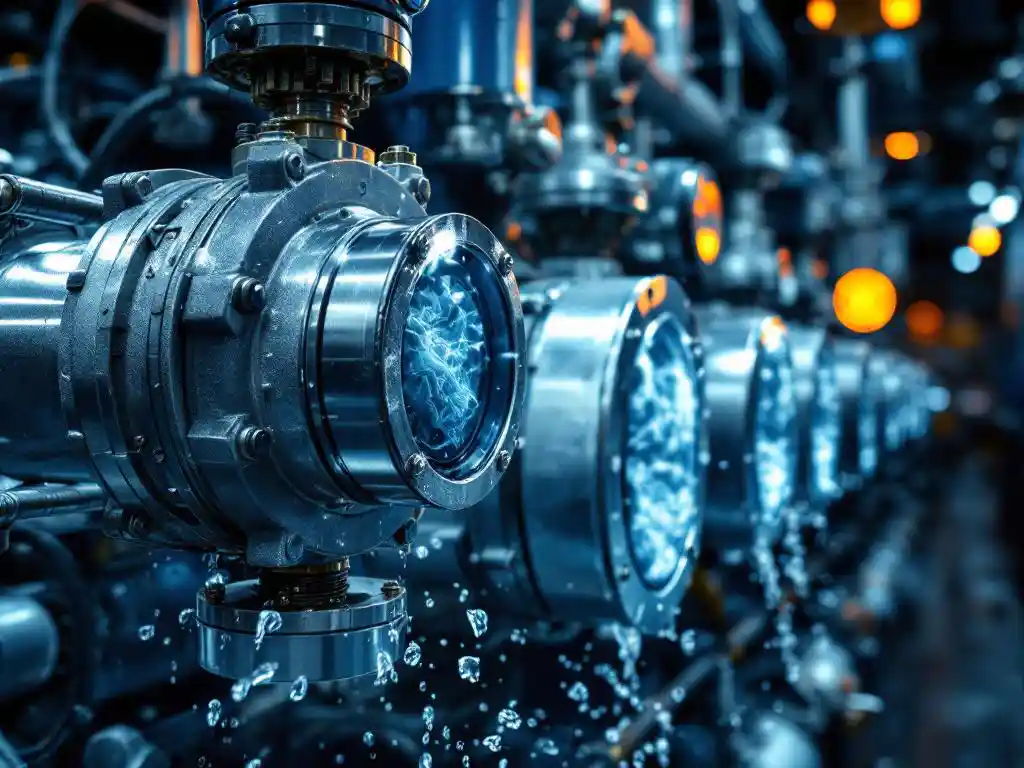 Precisie flowmeter met roestvrij stalen behuizing gemonteerd op scheepsmotorpijpsysteem, zeewater stroomt door transparante secties in maritieme machinekamer