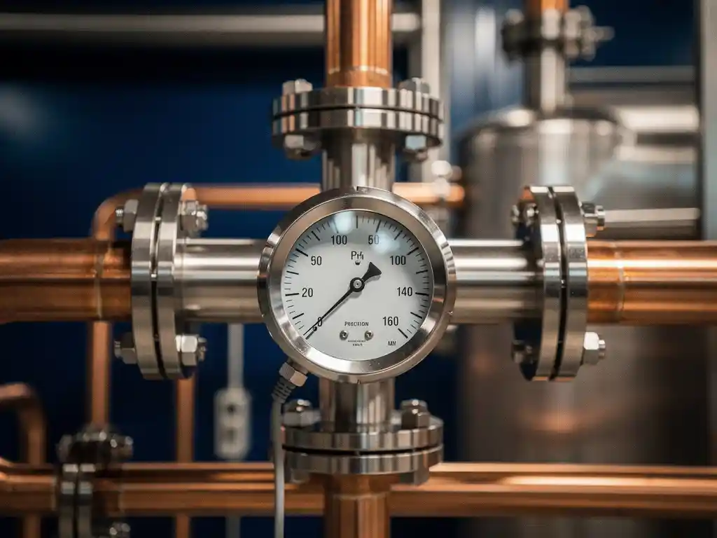 Precisiemeter van roestvrij staal gemonteerd op industriële pijpleiding met digitaal display en koperen fittingen