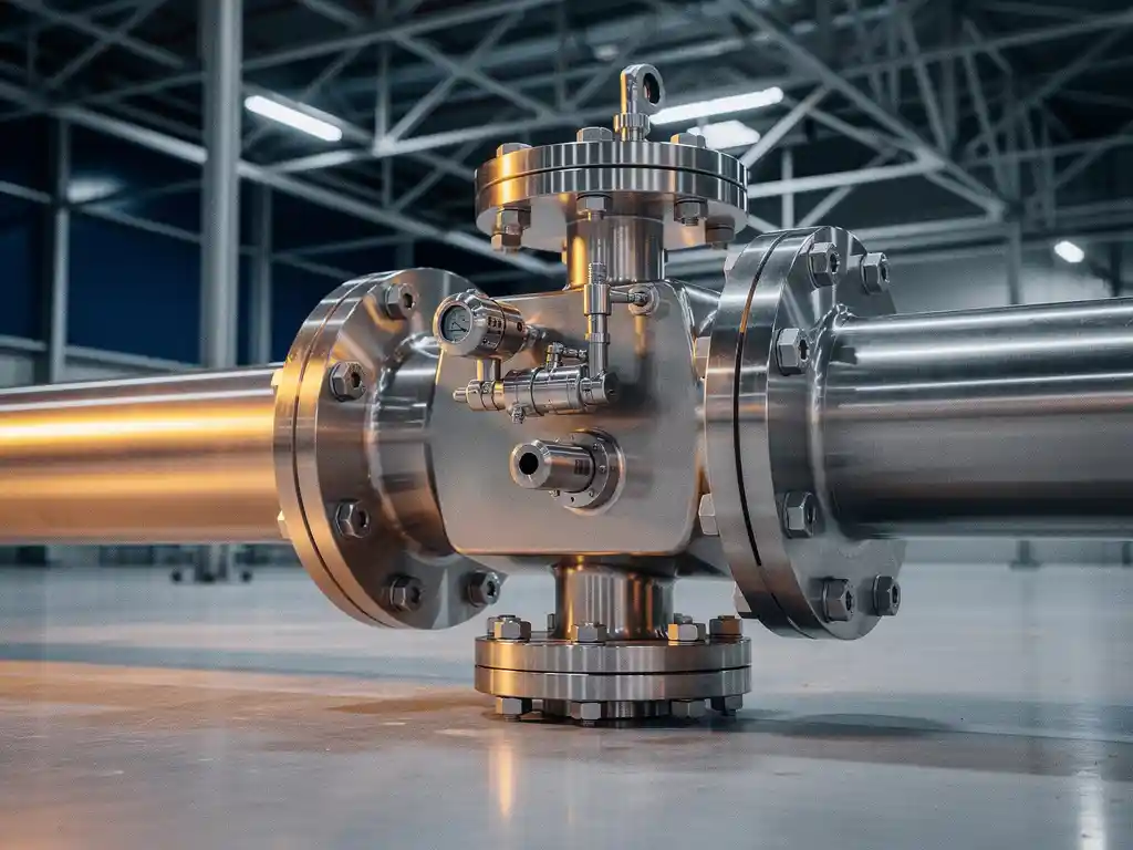 Precisie differentiaaldruk flowmeter van roestvrij staal gemonteerd op industriële leidingen in moderne fabriek