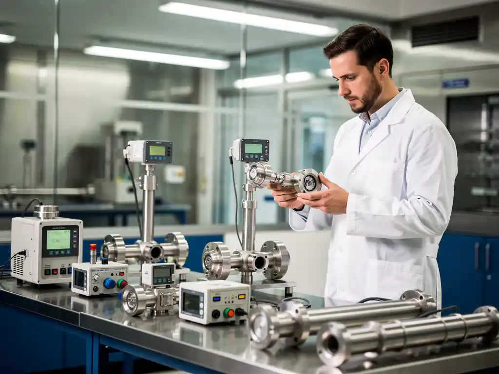 Ingenieur in witte laboratoriumjas onderzoekt verschillende flowmeters op roestvrijstalen werkbank in industrieel laboratorium