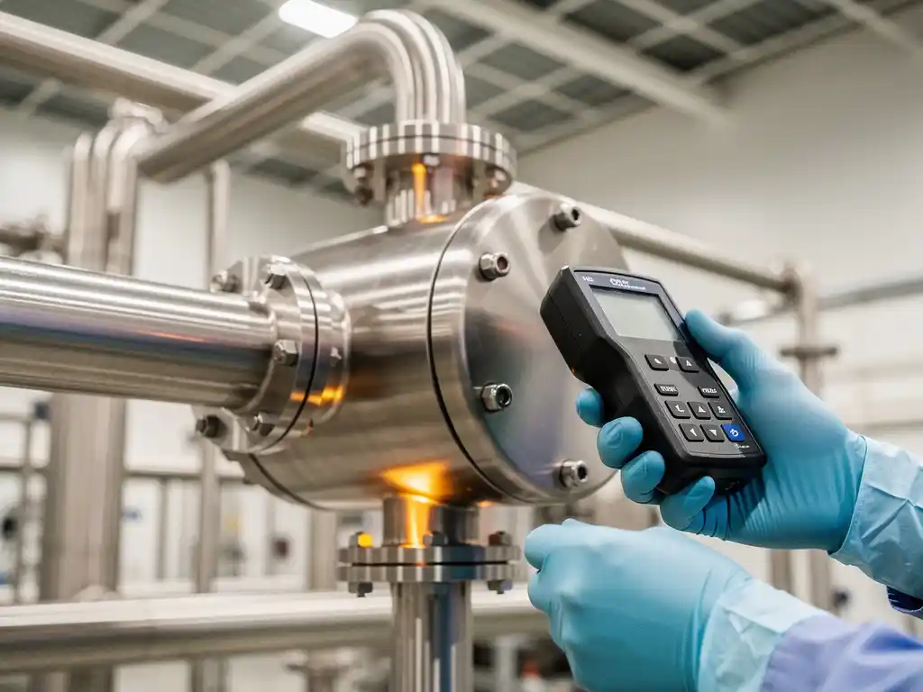 Precisie flowmeter met roestvrijstalen behuizing wordt geïnspecteerd met digitaal kalibratieapparaat in industriële fabriek