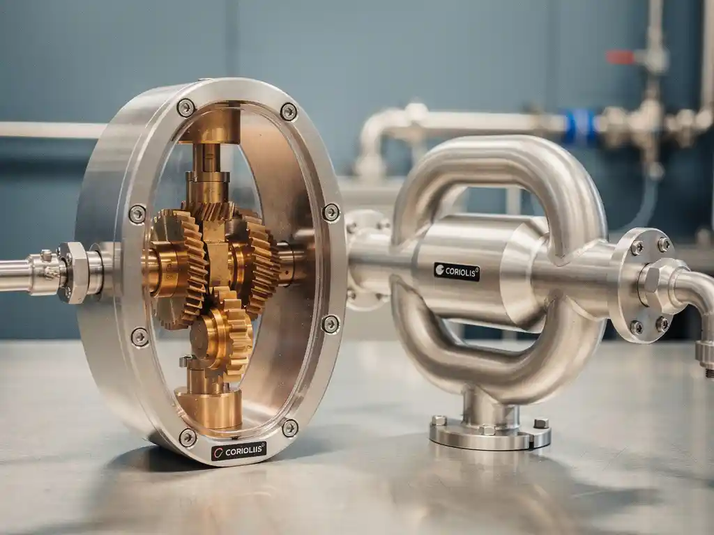 Twee precisie debietmeters op roestvrijstalen laboratoriumwerkbank: ovaalradmeter met zichtbare bronzen tandwielen en Coriolis-debietmeter met gebogen sensorbuizen