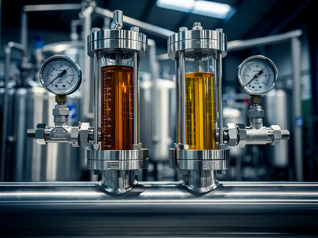 Precisie doorstroommeter en viscositeitssensor gemonteerd op roestvrijstalen industriële pijp met amber vloeistof