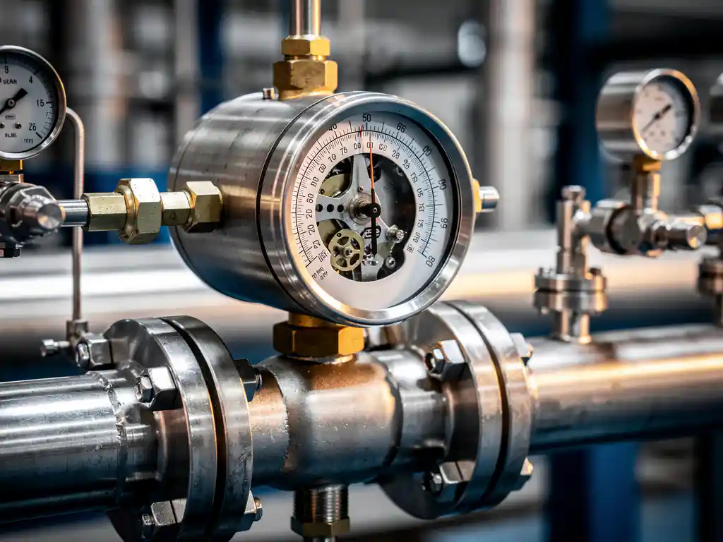 Precisie gasstroommeters met chromen messing fittingen op industriële stalen pijpleiding, mechanische wijzerplaat en roestvrijstalen kleppen