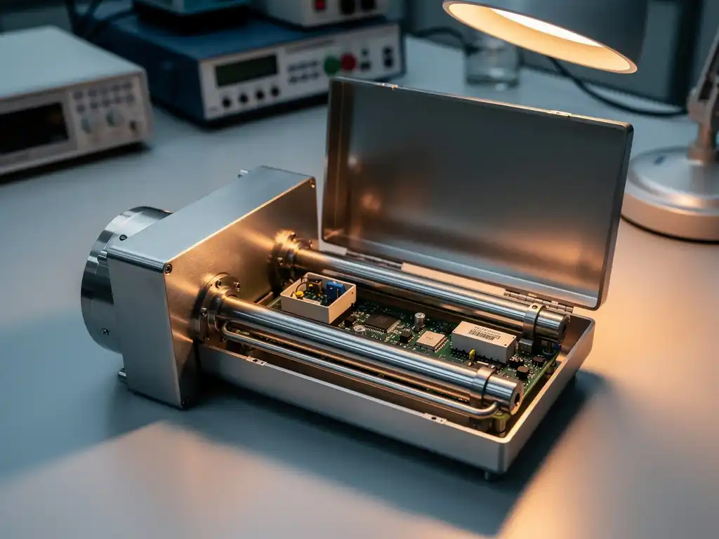 Thermische massadebietmeter met open behuizing toont interne sensoren op werkbank in kalibratielaboratorium