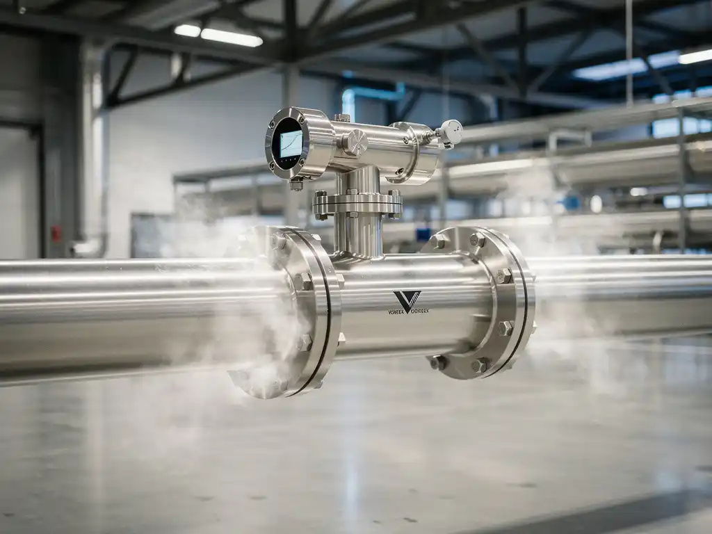 Precisie vortex flowmeter met gepolijste roestvrijstalen behuizing gemonteerd op industriële stoomleiding met witte dampwolken